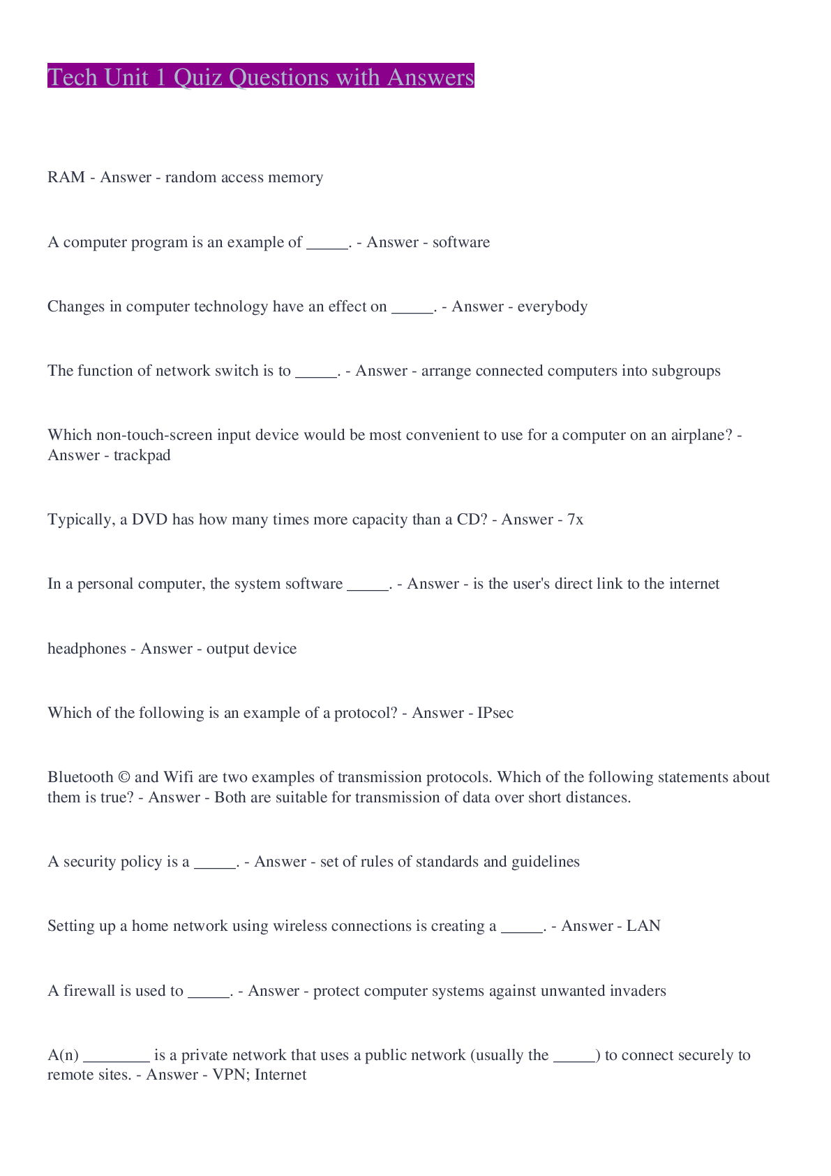 Preview image of Tech Unit 1 Quiz Questions with Answers document